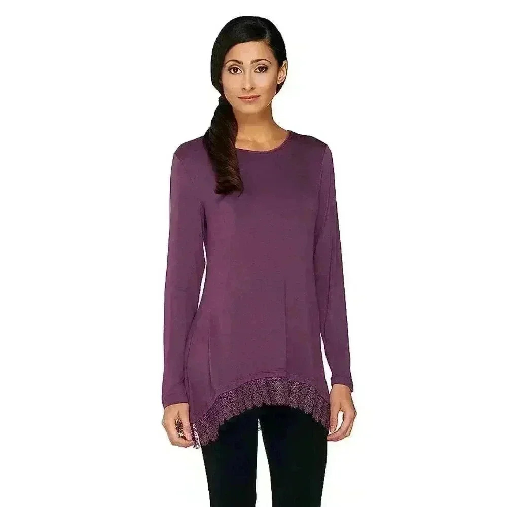LOGO by Lori Goldstein Long Sleeve Purple Knit Top Lace Trim Size Medium